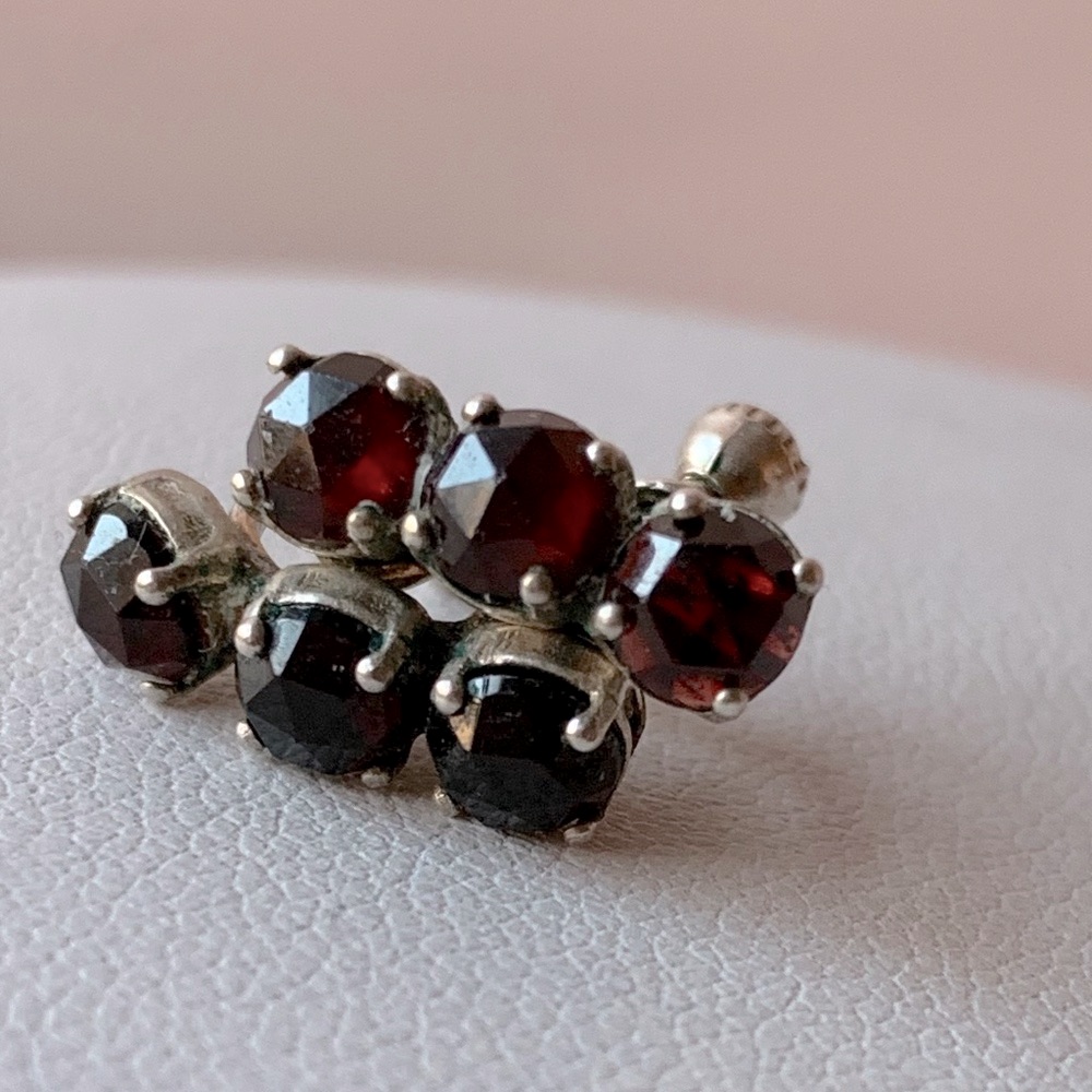 Antique Rose Cut Bohemian Garnet Earrings 925 Sterling Non Pierced Screw Back